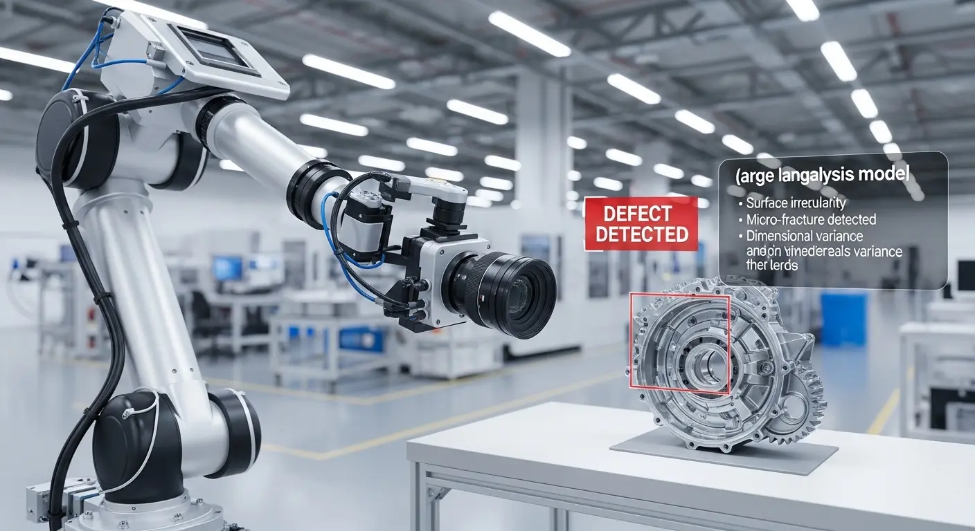 製造ラインでロボットアームが製品を検査し、AIインターフェースが欠陥を検出したテキストレポートを表示している様子。