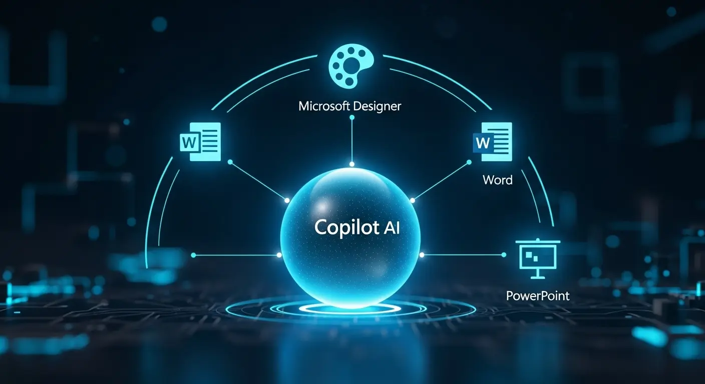 Microsoft CopilotがDesigner、Word、PowerPointなどのアプリと連携しているイメージ図。