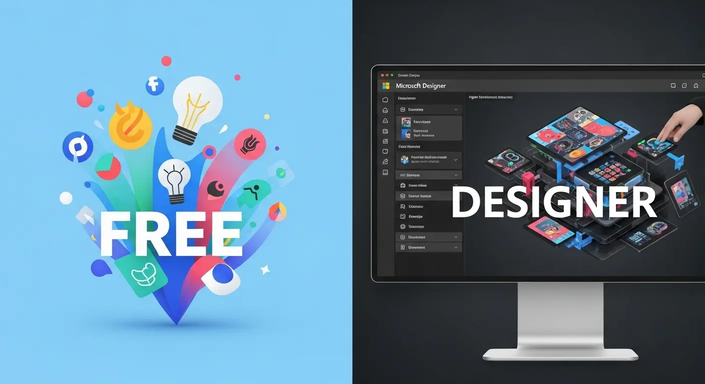 Microsoft Designerの無料版とプロ級のデザインを対比させた、モダンで高画質なビジュアル。