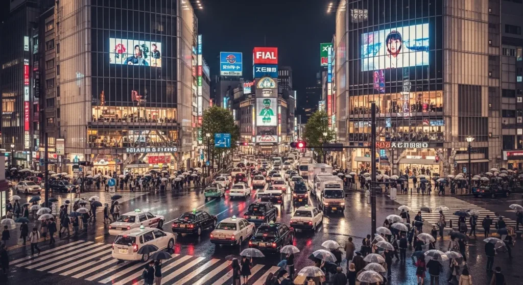 鳥瞰図（Bird's-Eye View）で生成された夜の東京のネオン街の画像 