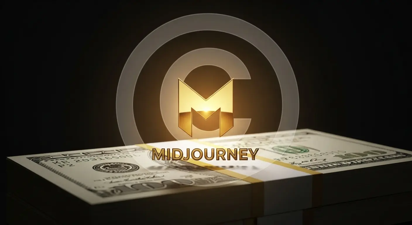 Midjourneyの商用利用と著作権を象徴する、契約書とロゴのデジタルアート