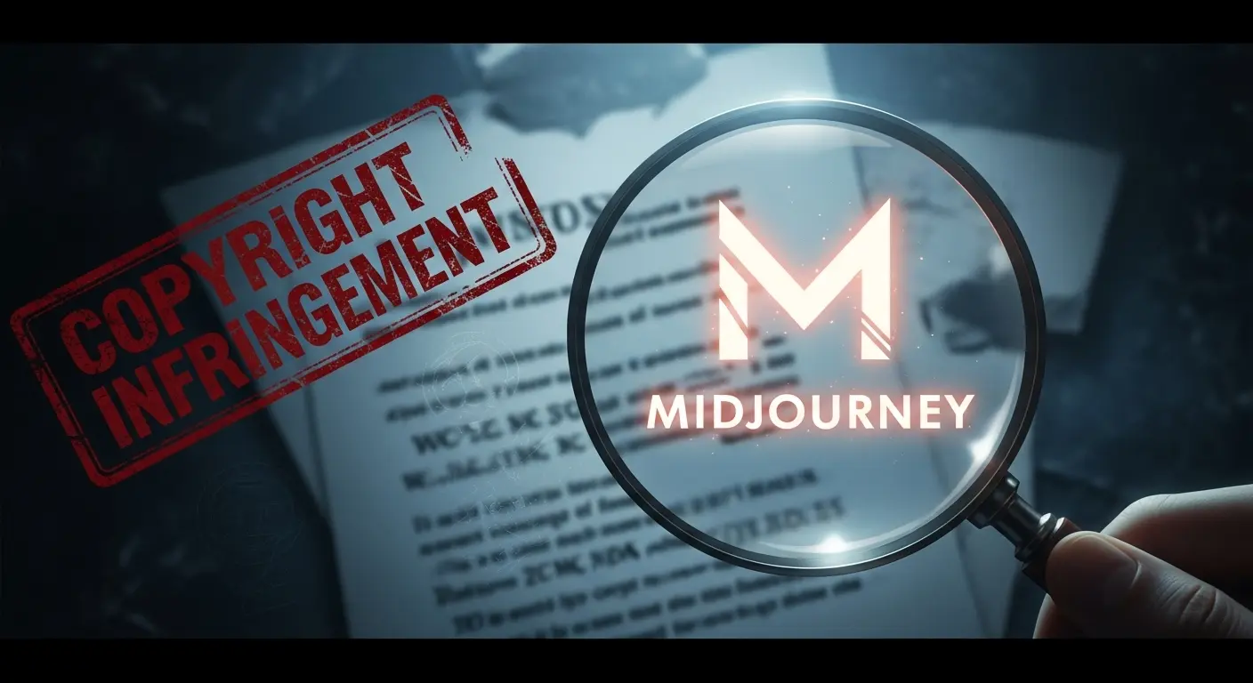 Midjourneyの著作権侵害リスクを象徴する、虫眼鏡と警告サインのデジタルアート