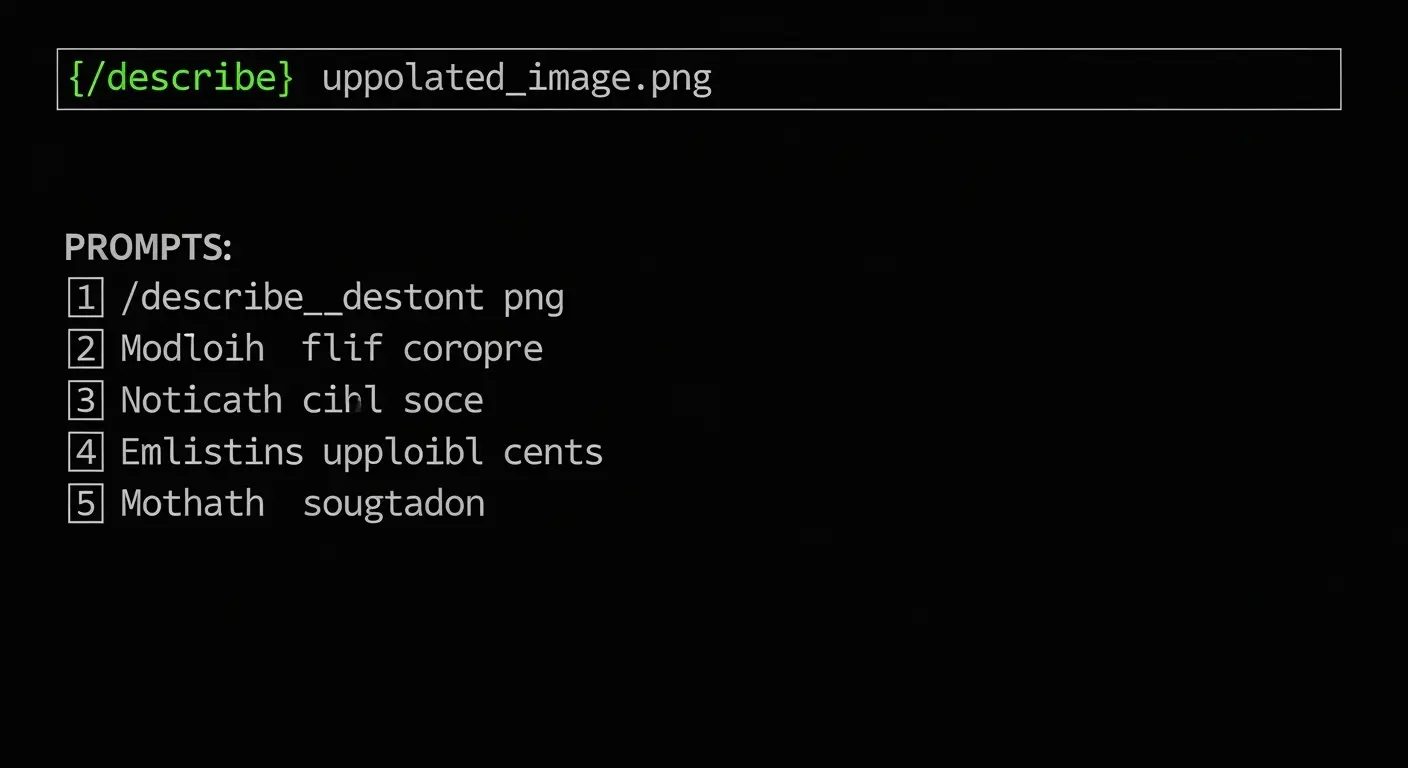 MidjourneyのDiscord画面でdescribeコマンドが実行され、画像から4つの英語プロンプトが提案されている様子。
