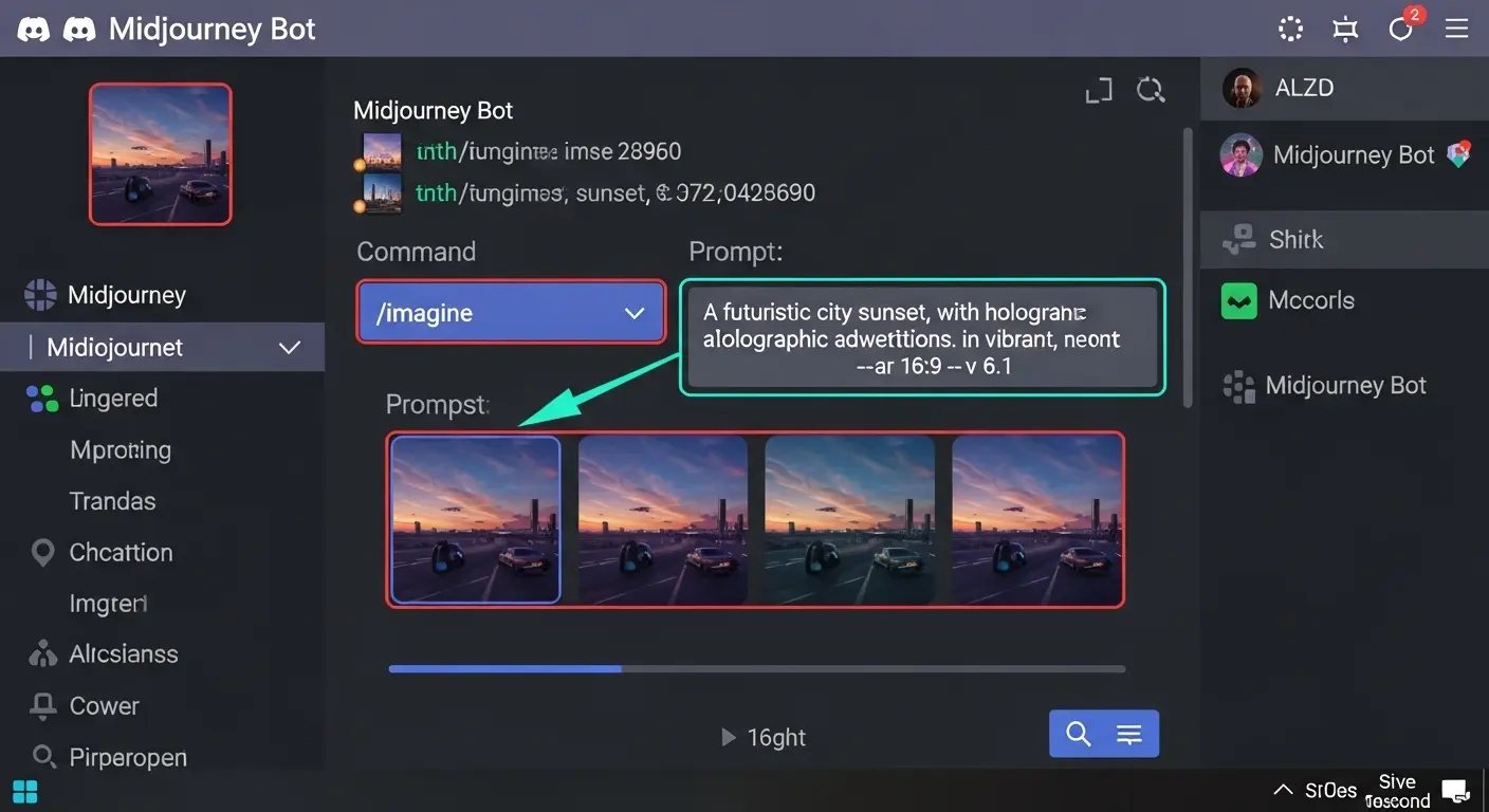 MidjourneyのDiscordサーバーで「/imagine」コマンドを入力して画像生成する様子