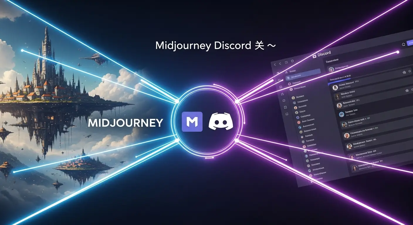 Midjourney Discordの始め方と使い方を解説するアイキャッチ画像。MidjourneyロゴとDiscordアイコンがデザインされた鮮やかなAIアート。