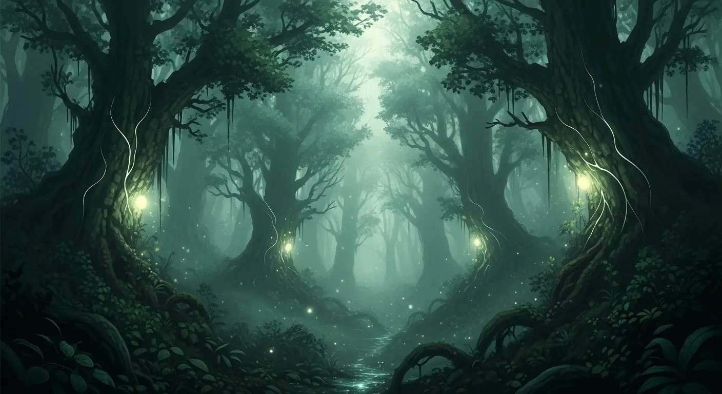 幻想的なイラストスタイルと濃い霧で描かれた森の風景