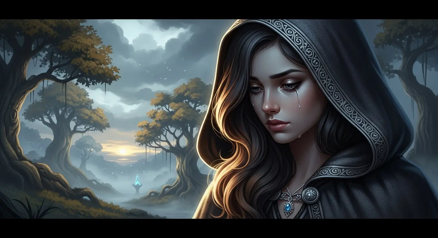 Midjourneyで生成された、憂鬱な視線（melancholic gaze）の表情を持つファンタジー調のAIイラスト。