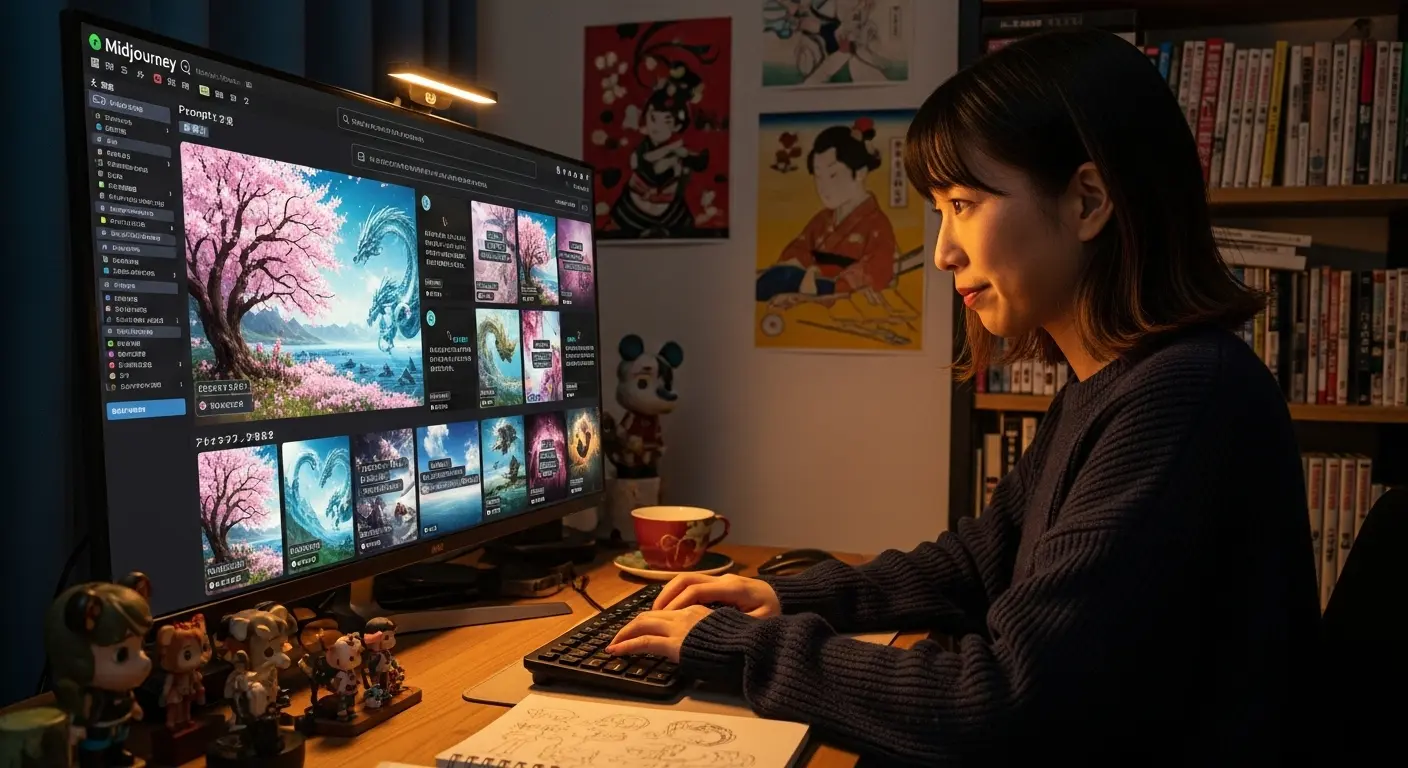 Midjourneyの日本語プロンプトを使いこなす日本人クリエイターの女性。AI画像生成と日本の要素の融合。