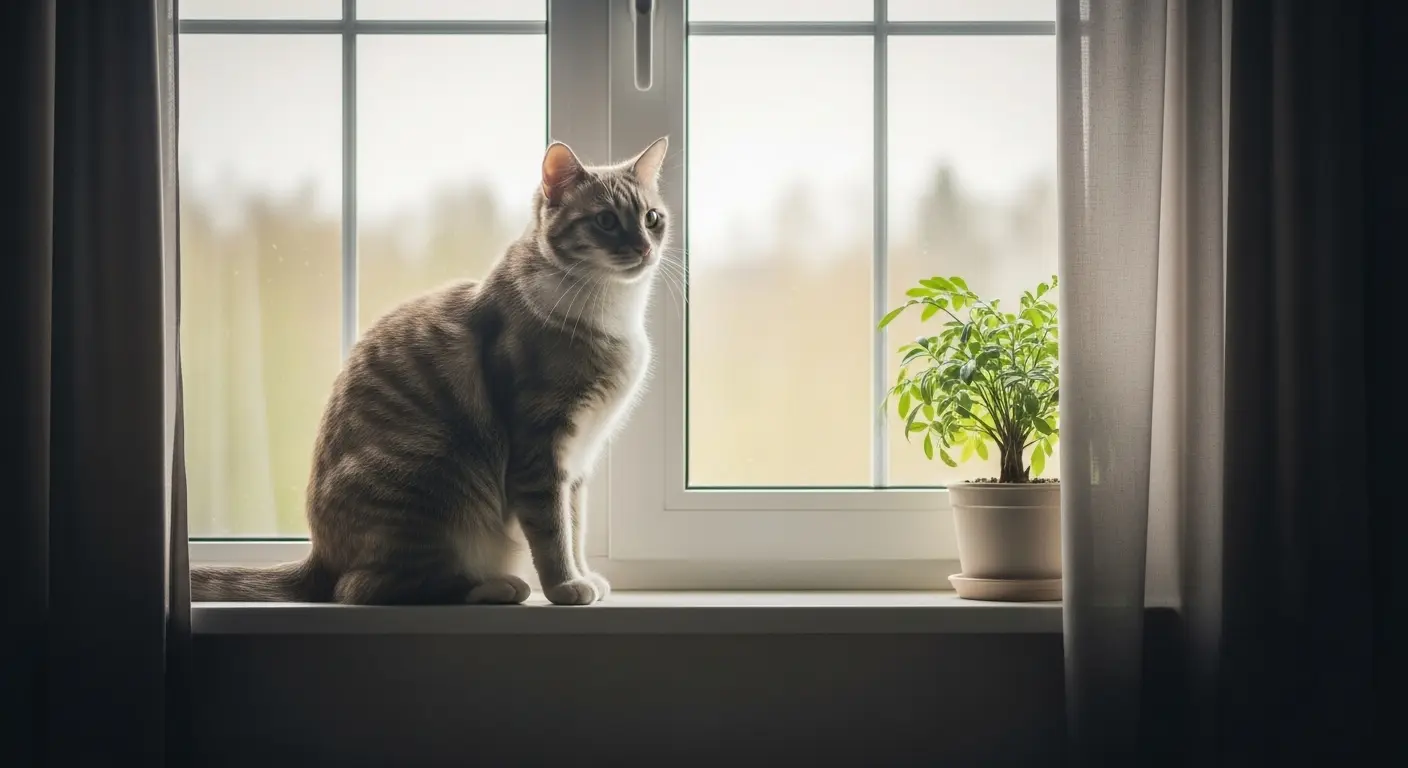 Photorealisticスタイルで生成された窓辺の猫の超リアルな画像