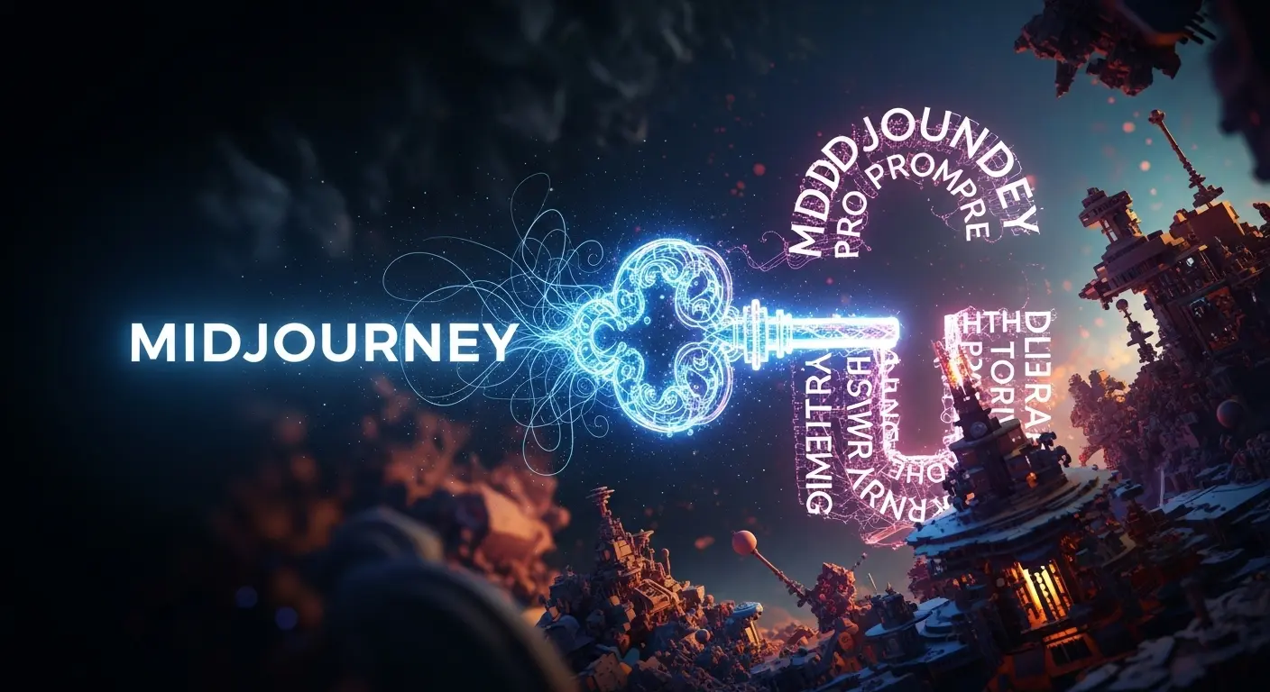 Midjourneyのプロンプト（呪文）が鍵となり、高品質な画像を生成する様子を象徴するデジタルアート