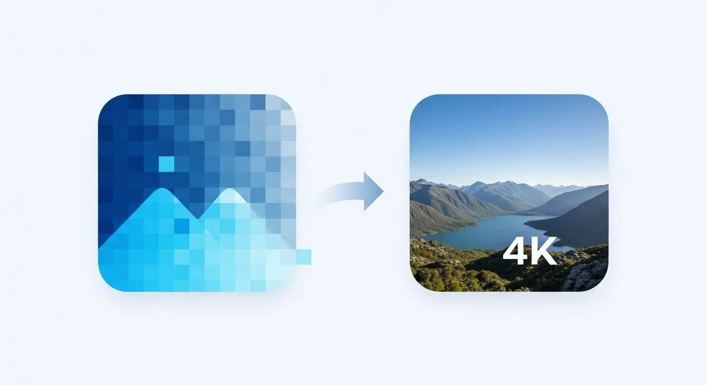 Midjourneyで低解像度から4Kなどの高解像度へと品質が向上する様子を象徴するアイコン