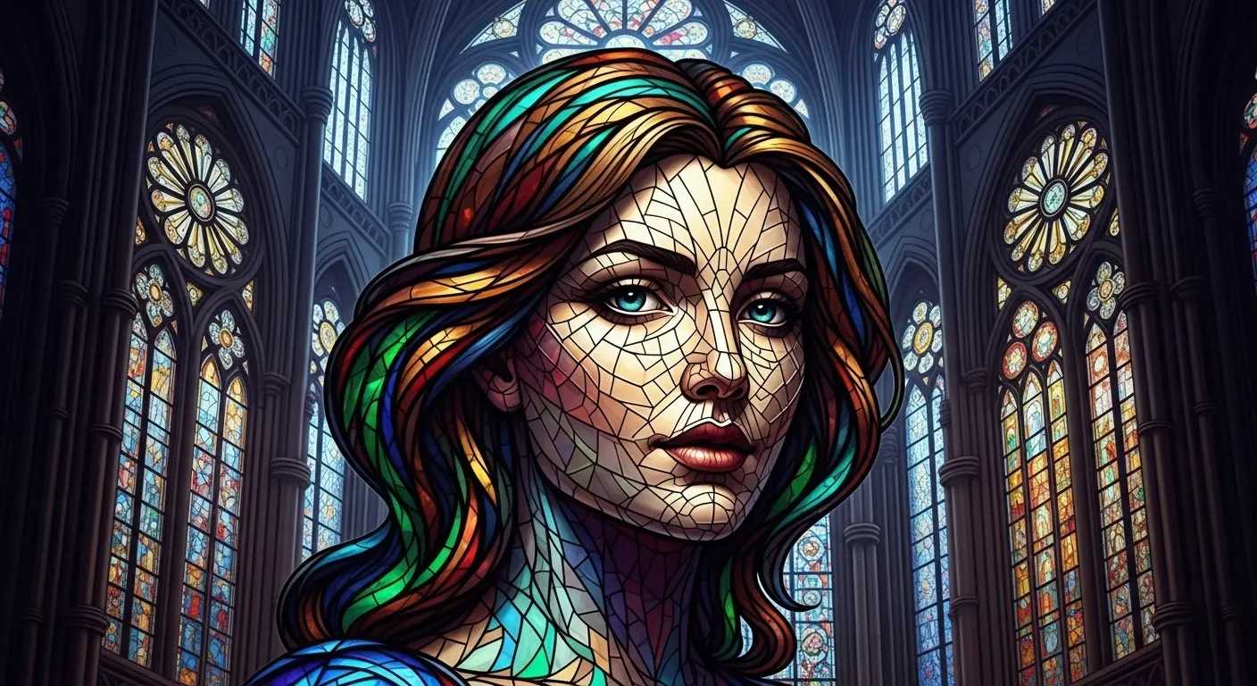 ステンドグラススタイルで描かれた、光り輝く女性の肖像画