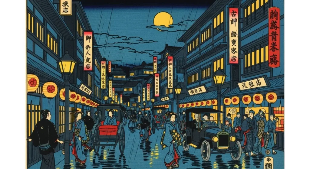 日本の浮世絵スタイルで描かれた夜の東京の街並み 