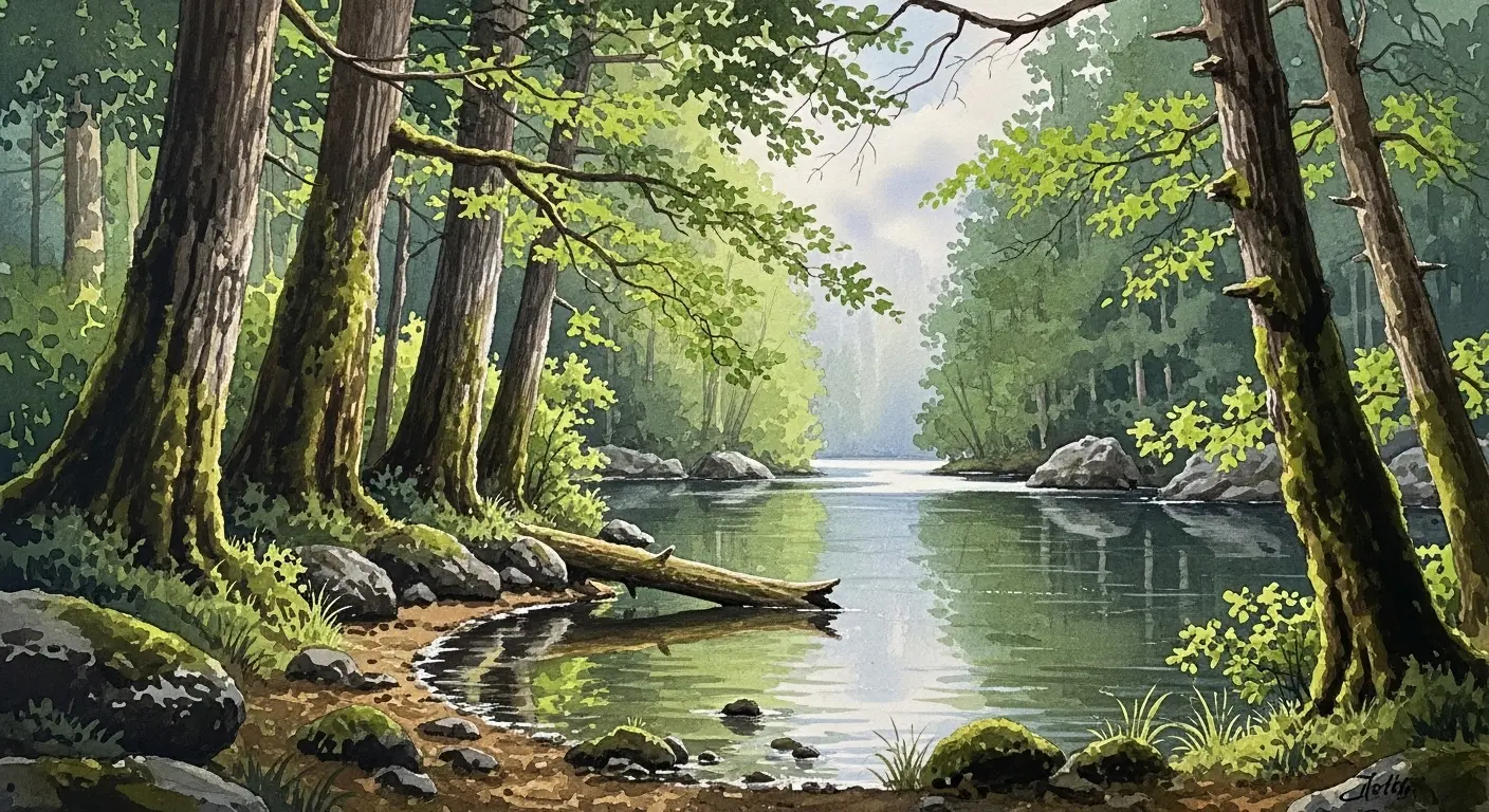 水彩画スタイルで描かれた森の中の隠れた湖の風景