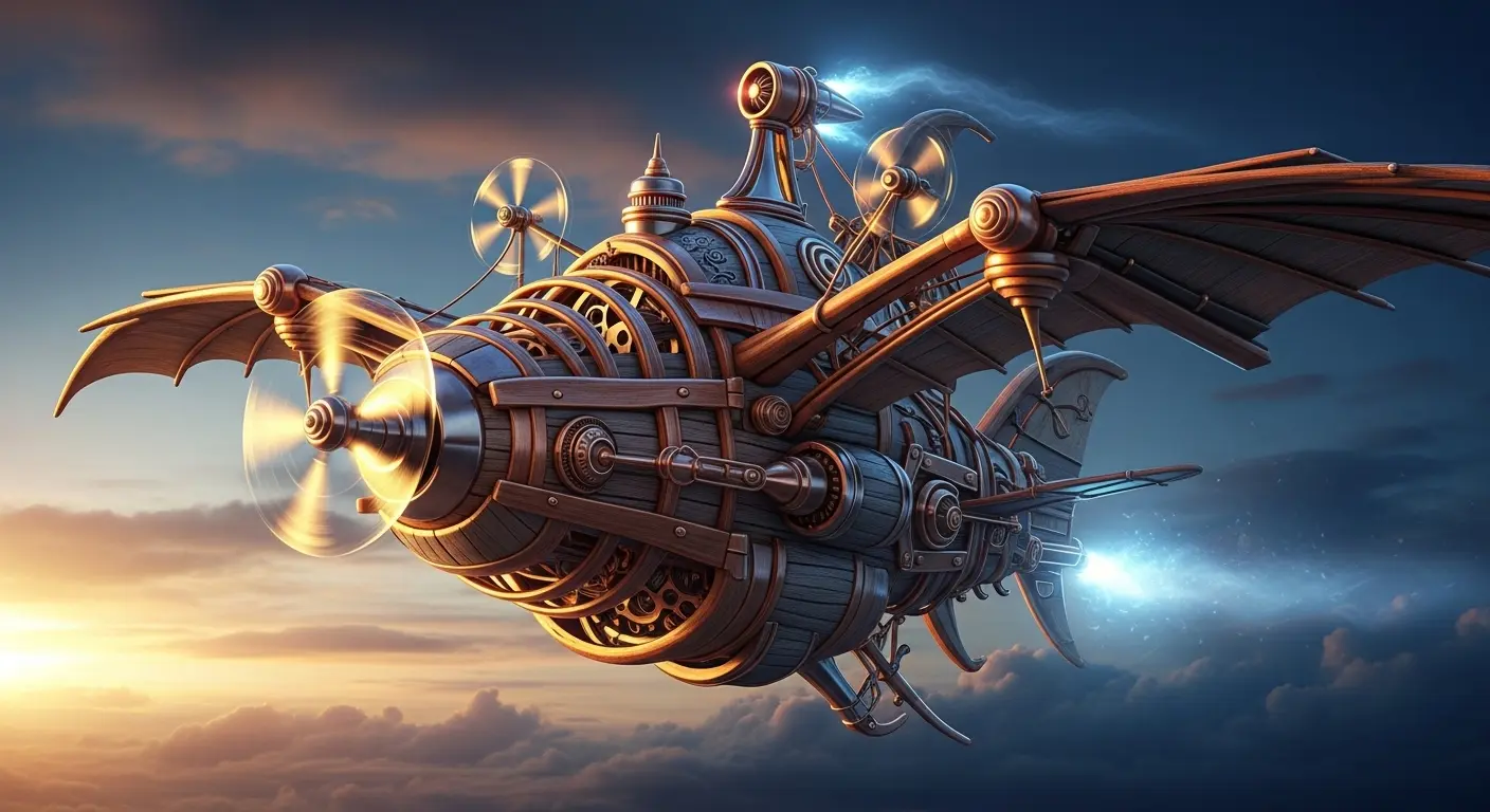 Midjourneyで生成された、木と銅でできた幻想的な飛行機のデジタルアート