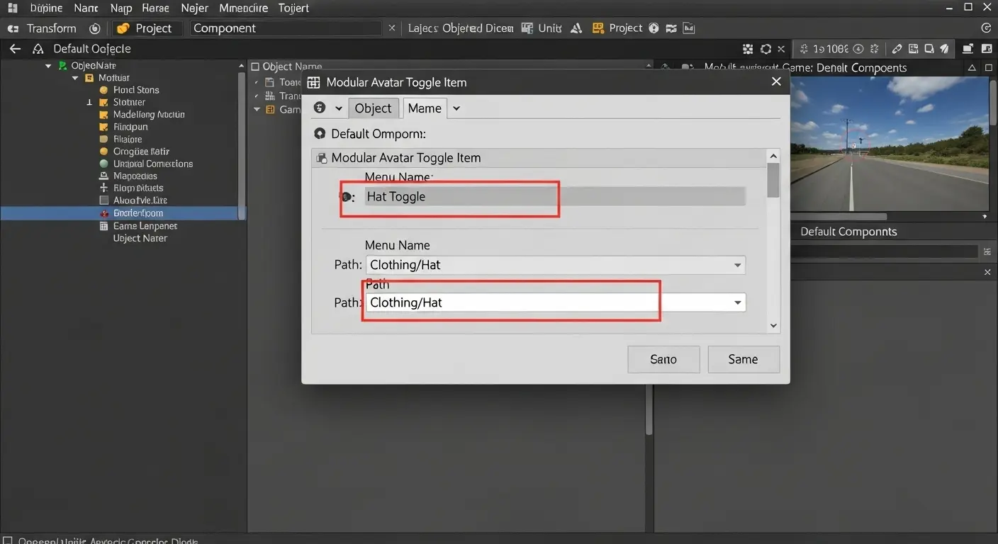Modular Avatar Toggle Item コンポーネントでギミック操作メニューを設定している画面。