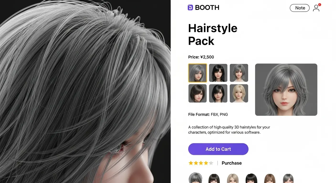 高解像度化された髪型イラストと、BOOTHでデジタル素材として販売している画面イメージ。
