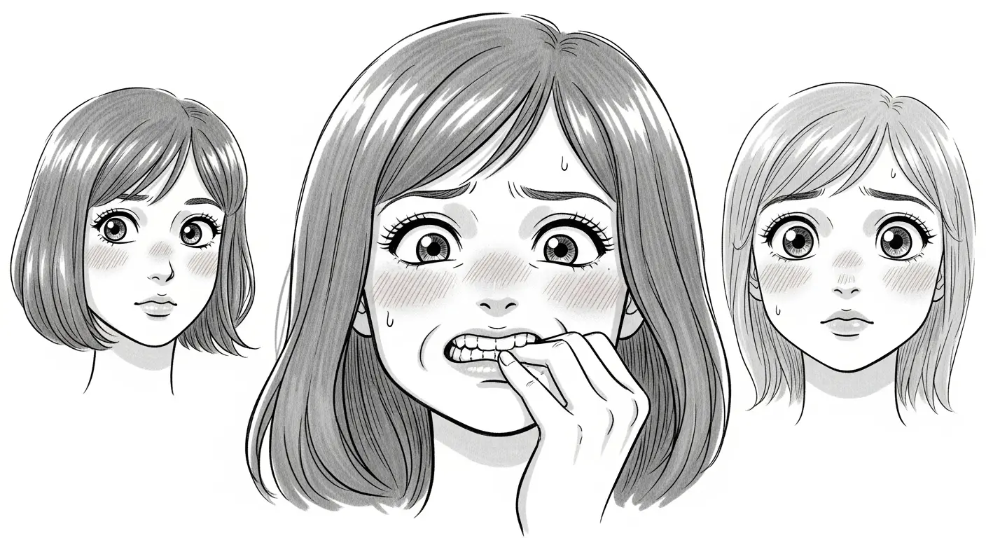 ふくれっ面（pout）、唇を噛む（biting lip）、ニヤリ（smirk）という口元のプロンプトを使用したAIイラストの比較。