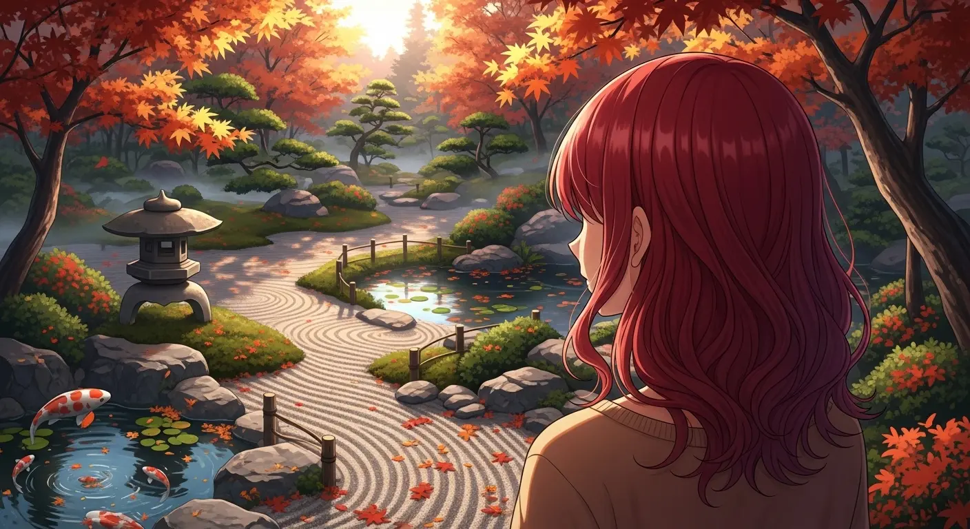 にじジャーニーで生成された、桜色の髪を持つ少女のアニメ風イラスト。秋の日本庭園。
