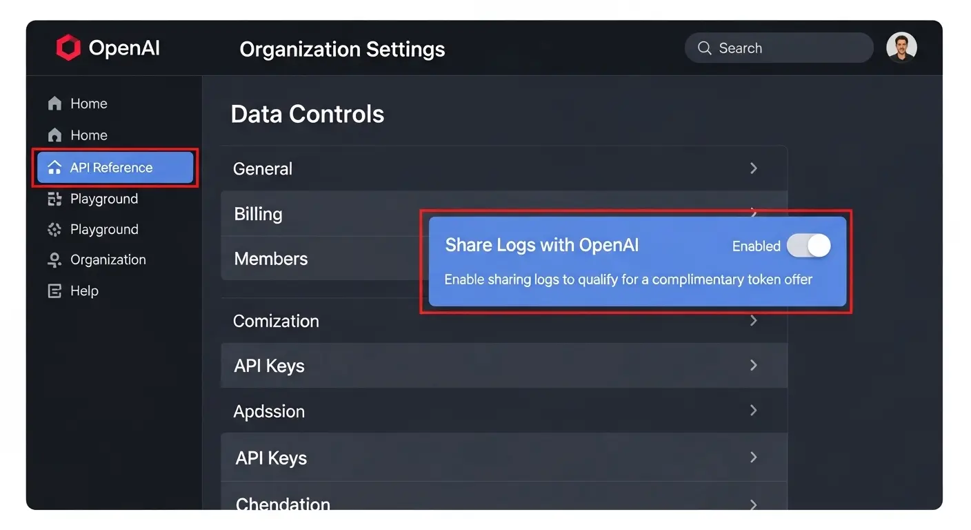 OpenAI API設定画面のデータコントロール項目。データ共有を有効化する設定。