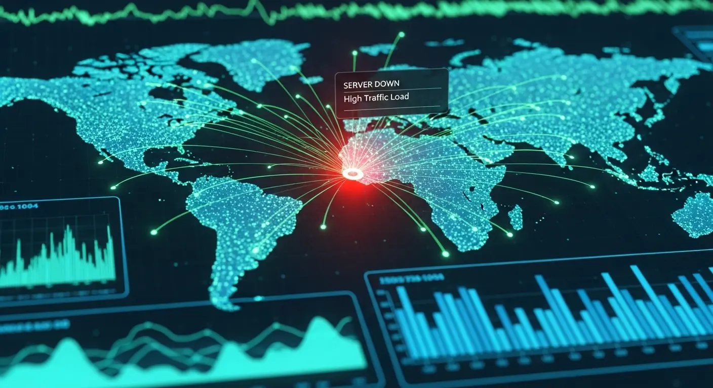 グローバルマップ上でサーバーがダウンしていることを示すデジタルダッシュボードの図。