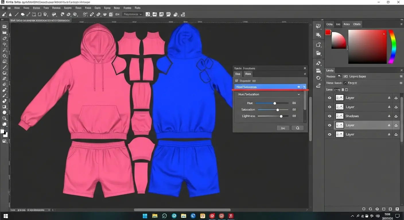 画像編集ソフト(Kritaなど)でVRChat衣装のテクスチャ(PSDファイル)の色を調整している様子。