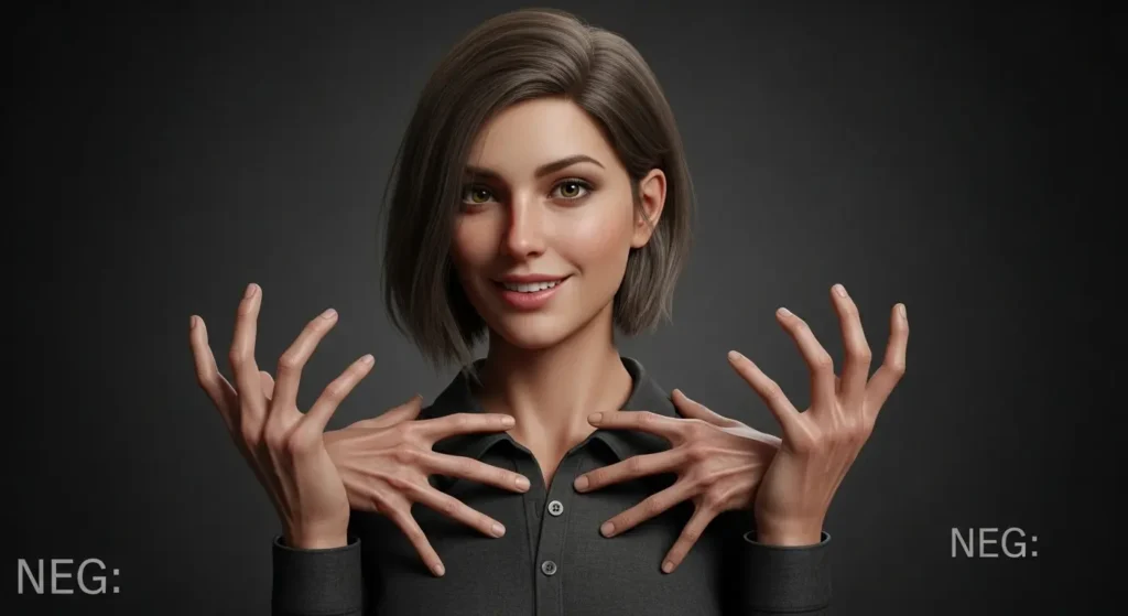 ネガティブプロンプトなしで生成された手が崩れたリアルな女性画像