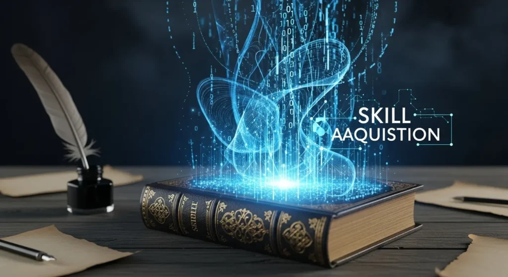 デジタルな光を放つ本。プロンプトエンジニアリングの知識が未来のAI活用に繋がることを示唆。