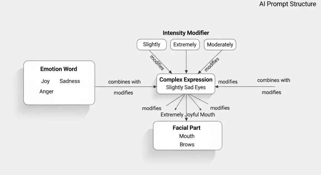 AI イラスト プロンプトの表情を構成する「 感情 」「 強度 」「 パーツ 」の関係を示した図。
