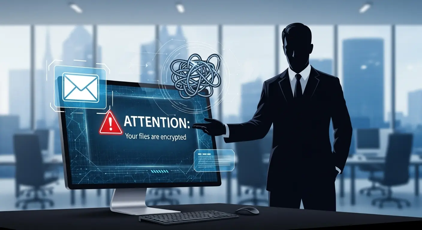 2025年最新のランサムウェアメール感染経路と防御策を考える情報システム担当者のイメージ