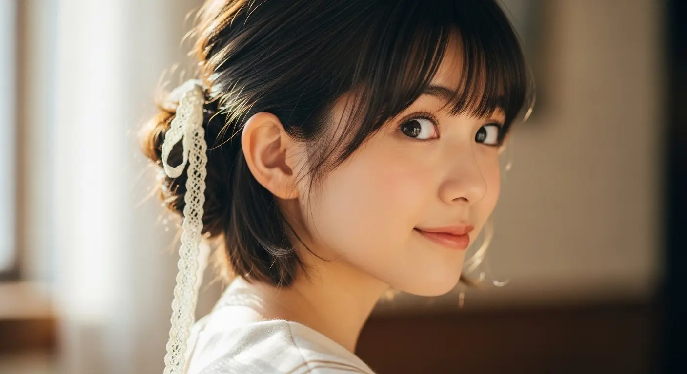 リボン付きハーフアップお団子ショート