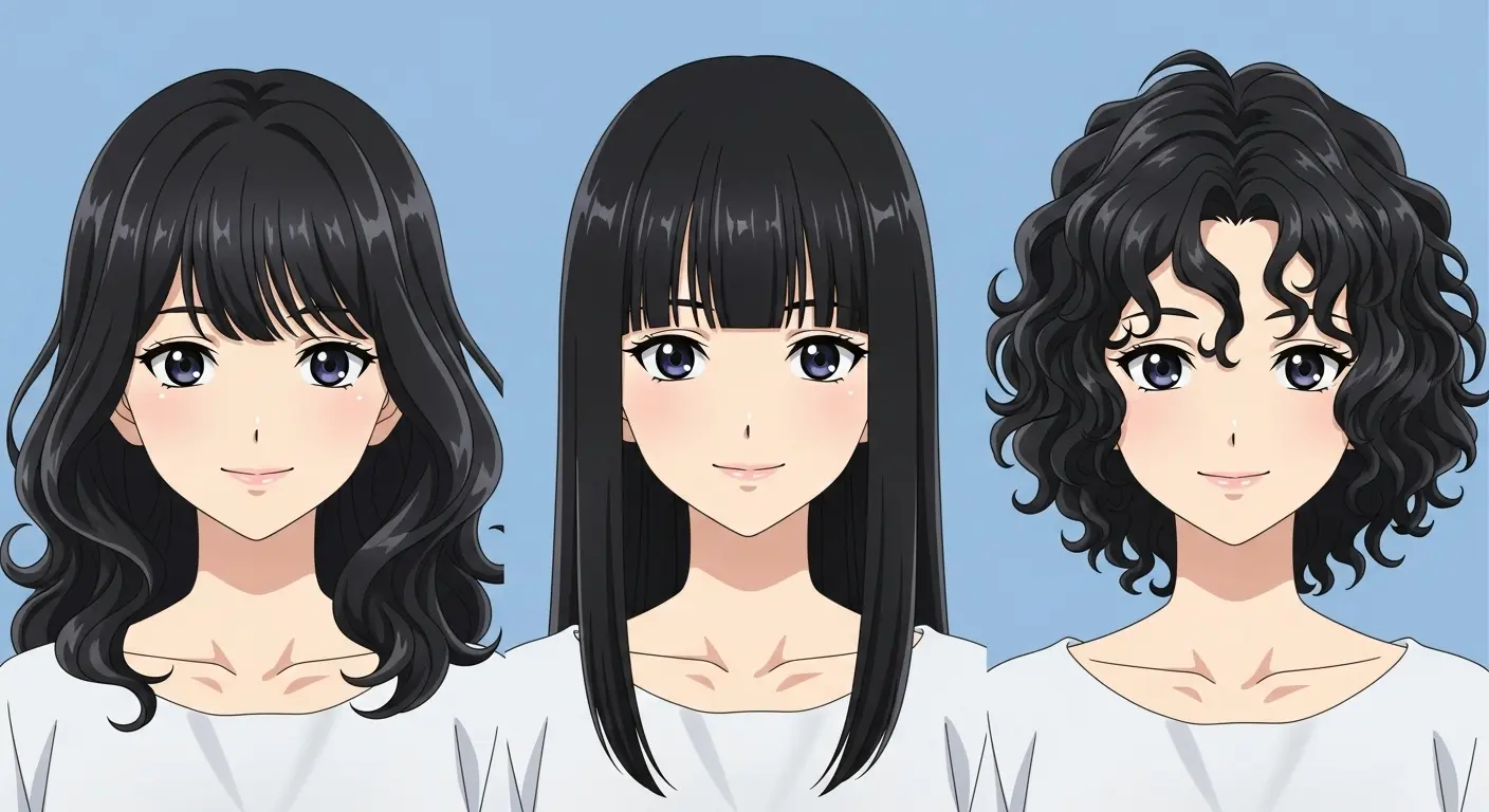Stable Diffusionで生成されたストレート、ウェーブ、リングレッツの髪質の比較。