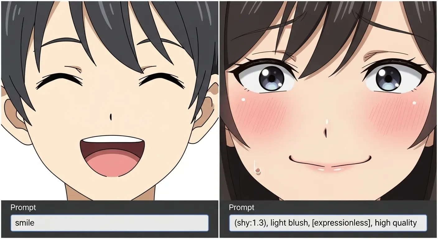 Stable Diffusionで笑顔のプロンプトの重み付け（強度）とネガティブプロンプトを使用した際の、表情の変化とクオリティの比較。 