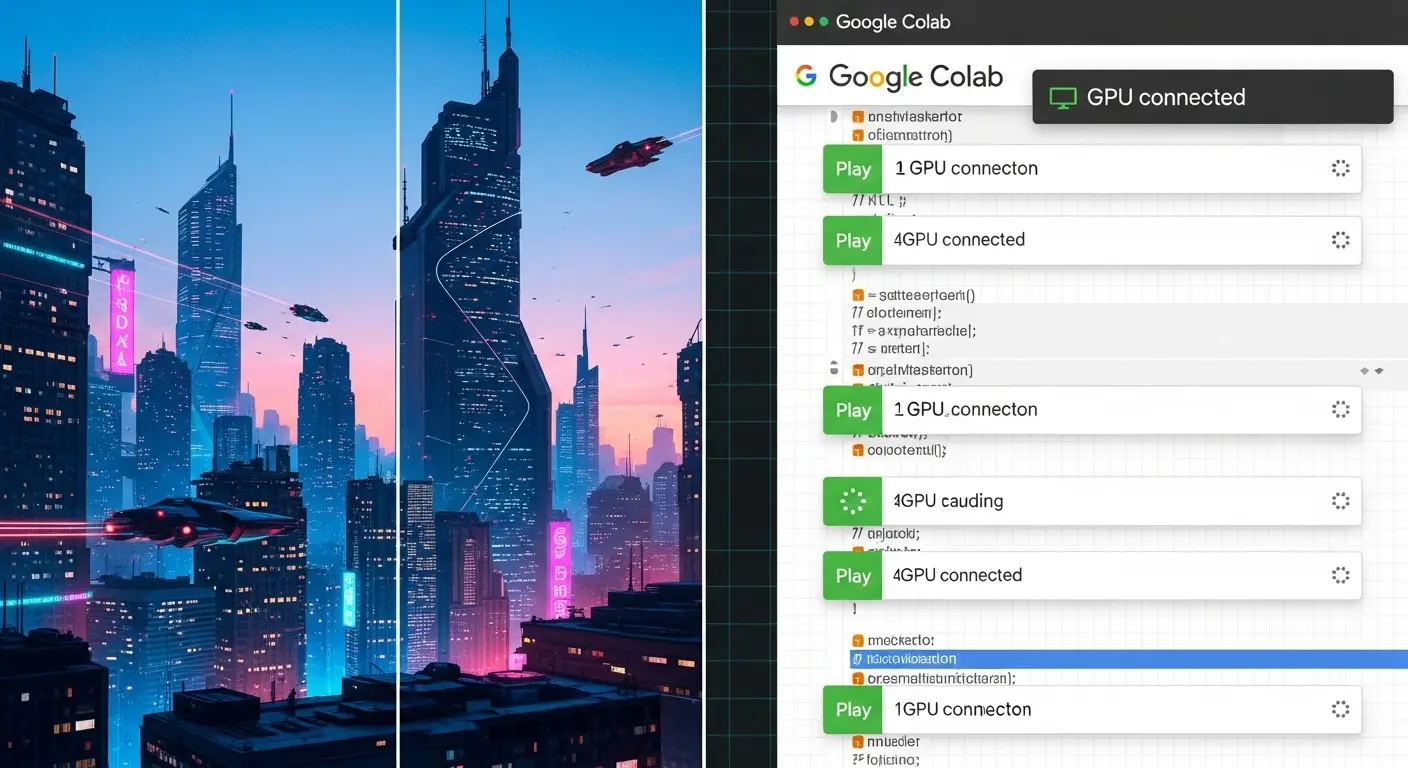 Stable DiffusionとGoogle Colabの画面。無料でAI画像を生成し、高性能GPUを利用しているイメージ。