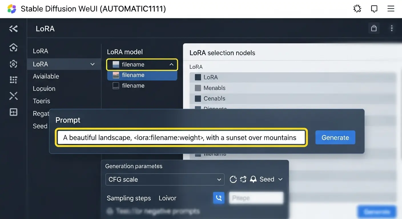 Stable Diffusion Web UIでLoRAモデルを読み込む操作画面
