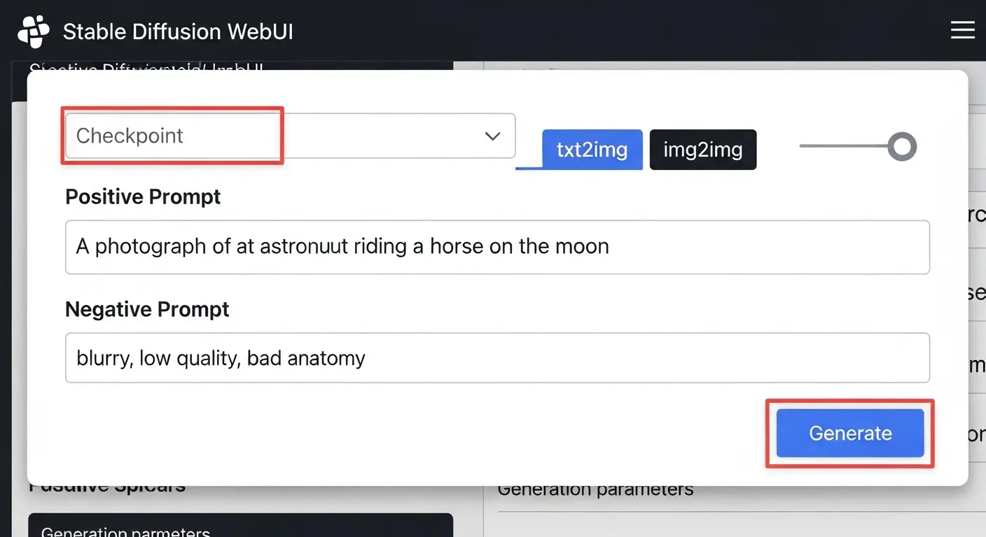 Stable Diffusion WebUIの基本操作画面。プロンプト入力欄と生成ボタン。