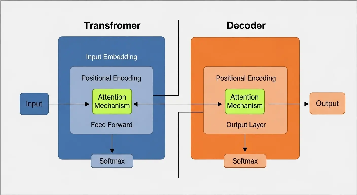 LLMの基盤技術であるTransformerアーキテクチャの簡易図(エンコーダーとデコーダーの分離)