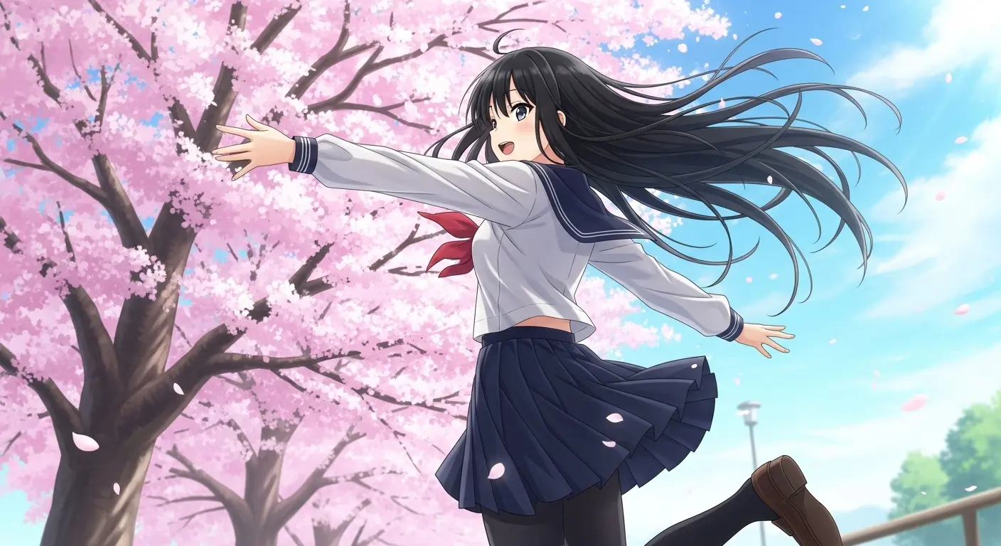 Stable Diffusion Web UIのtxt2imgで生成された、桜の背景に立つ女子高生のアニメ風イラスト。