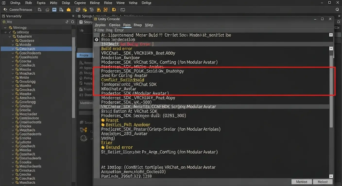 Unityのコンソール画面に、アバター改変時によくある設定の競合エラーメッセージが表示されている様子。