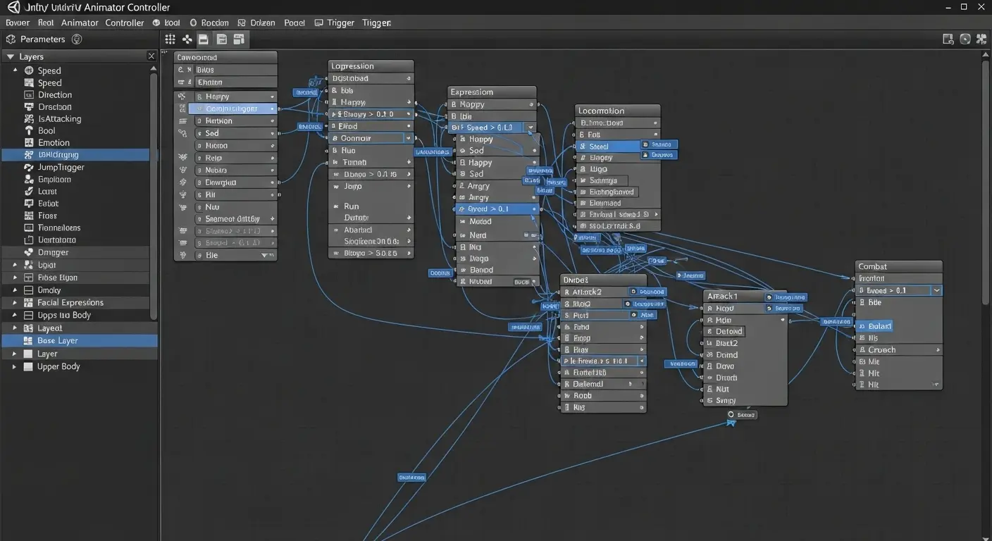 Unity Animator Controllerで複雑なギミック動作を設定している画面。