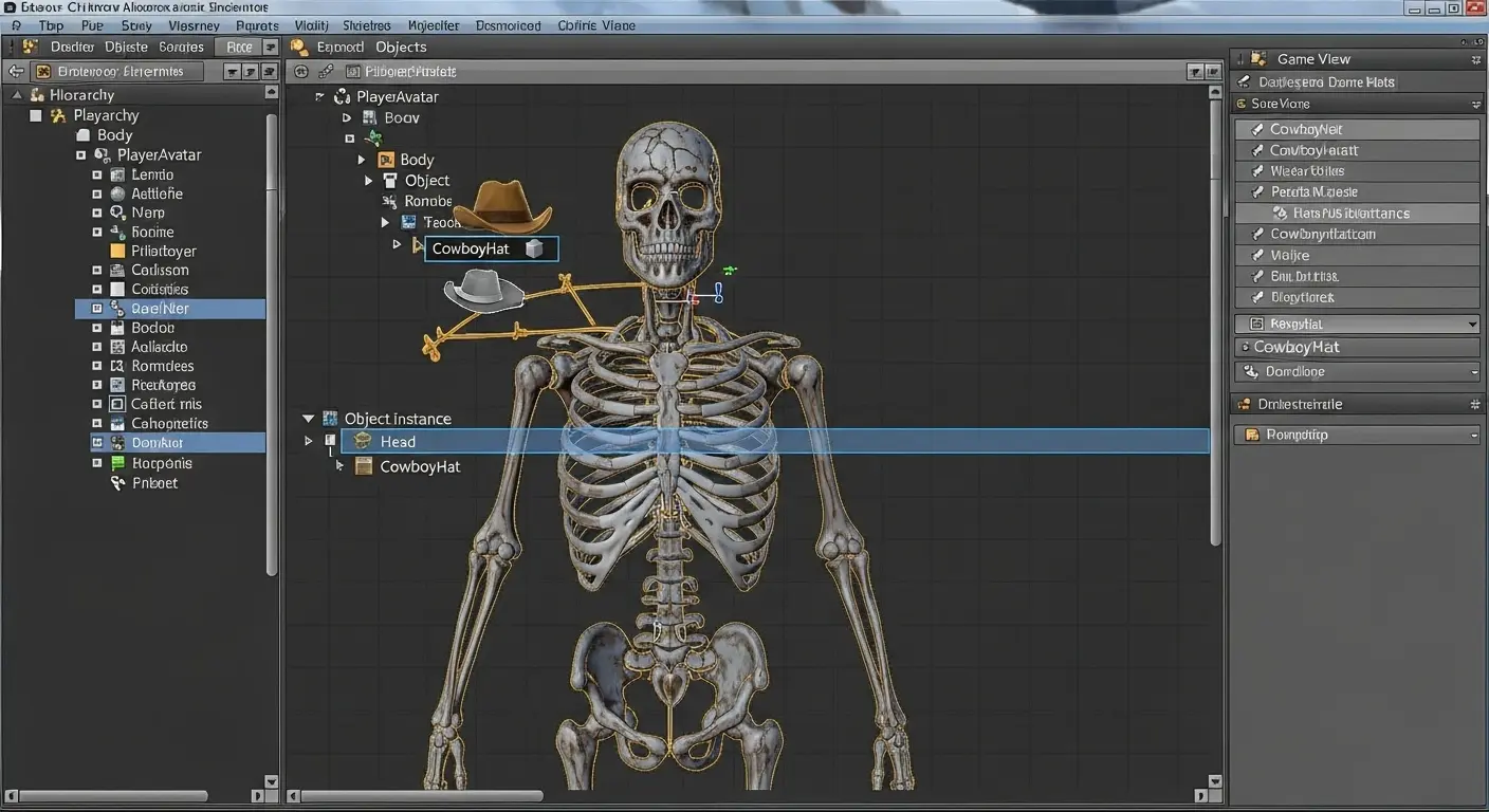 UnityのHierarchy画面で、ギミックオブジェクトをアバターボーンに親子設定している様子。