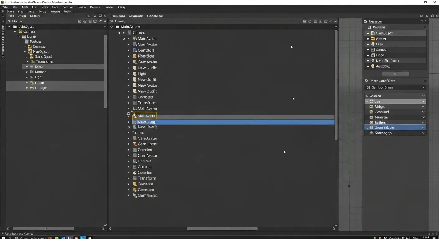 UnityのHierarchy画面で、服(衣装)のオブジェクトをアバター本体の直下に配置している様子。