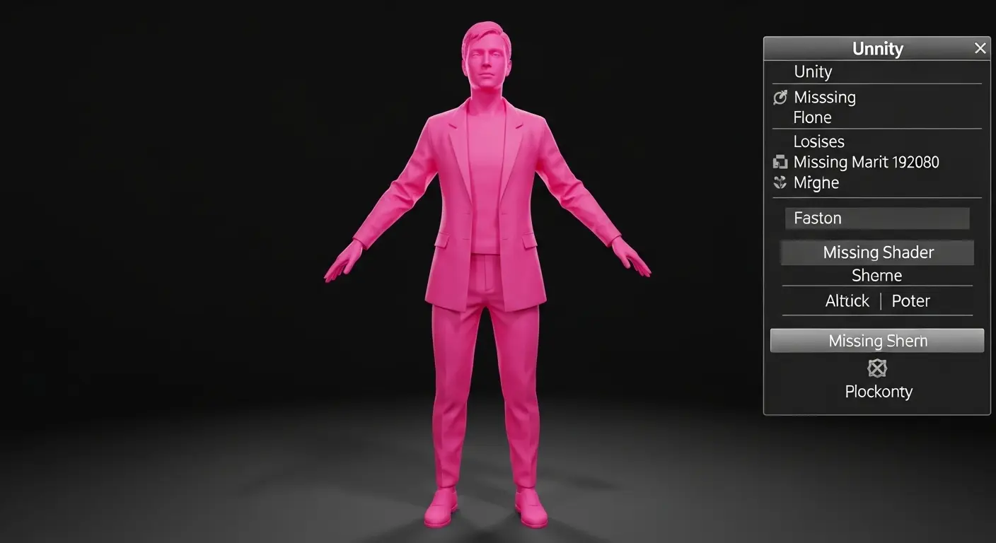 Unityの画面で、服(衣装)がシェーダーエラーによりピンク色になってしまっているアバター。