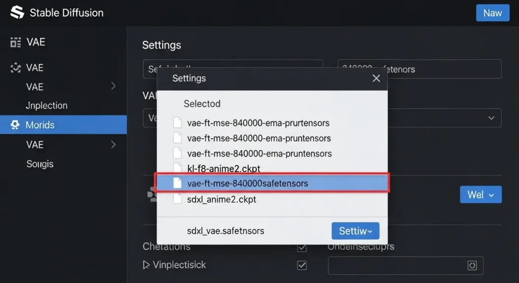 Stable Diffusion Web UIのVAE設定画面で、使用するVAEファイルを選択している様子。