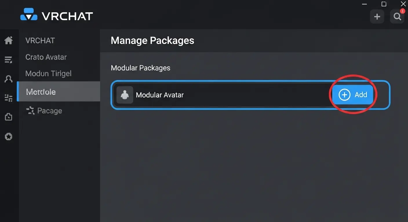 VRChat Creator Companion(VCC)でModular Avatar(MA)のパッケージをUnityプロジェクトに追加している画面。