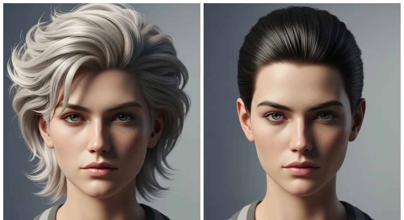 フワフワのボリュームヘアとタイトなオールバックの髪型の比較。毛束の描写が異なります。