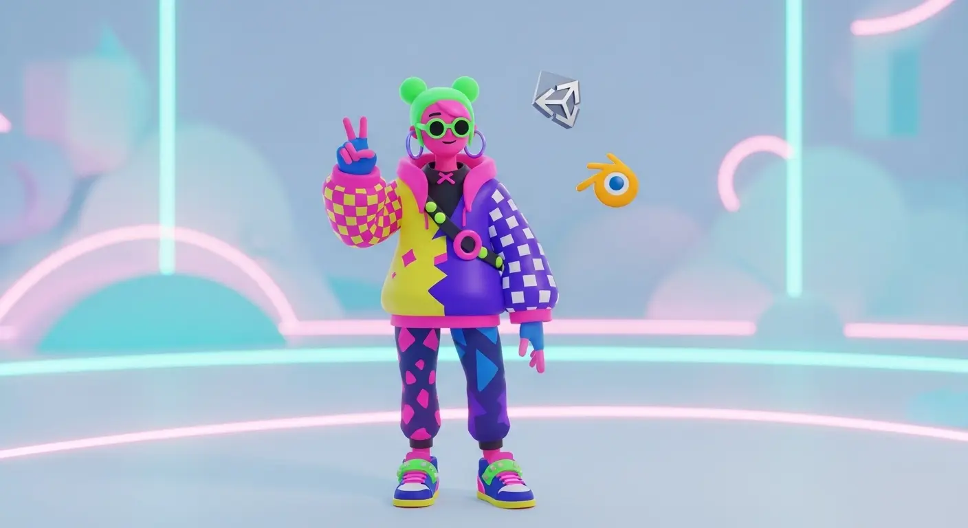 VRChatのアバター改変に挑戦する初心者向けのイメージ画像、UnityとBlenderのアイコンとカスタマイズされたアバター