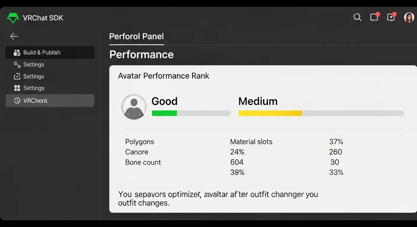 VRChat SDKで確認できるアバターのパフォーマンスランクがGoodまたはMediumを示している画面。