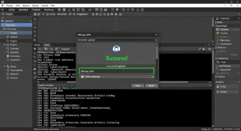 VRChat SDKでのアバターアップロード成功画面とUserへのランクアップ通知。