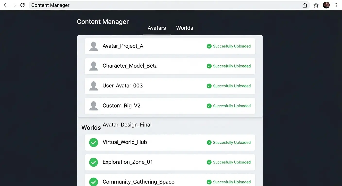 VRChatのコンテンツ投稿実績一覧画面、アバターとワールドの数が多いユーザー。